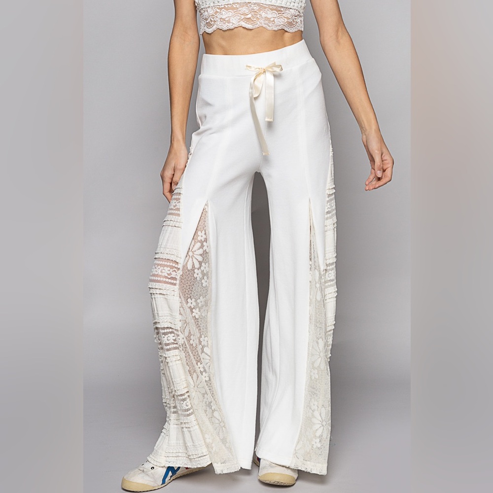 43. POL LAST 1! Wide Leg Pant & Lace Dress Top Women's White Drawstring - Picture 5 of 6